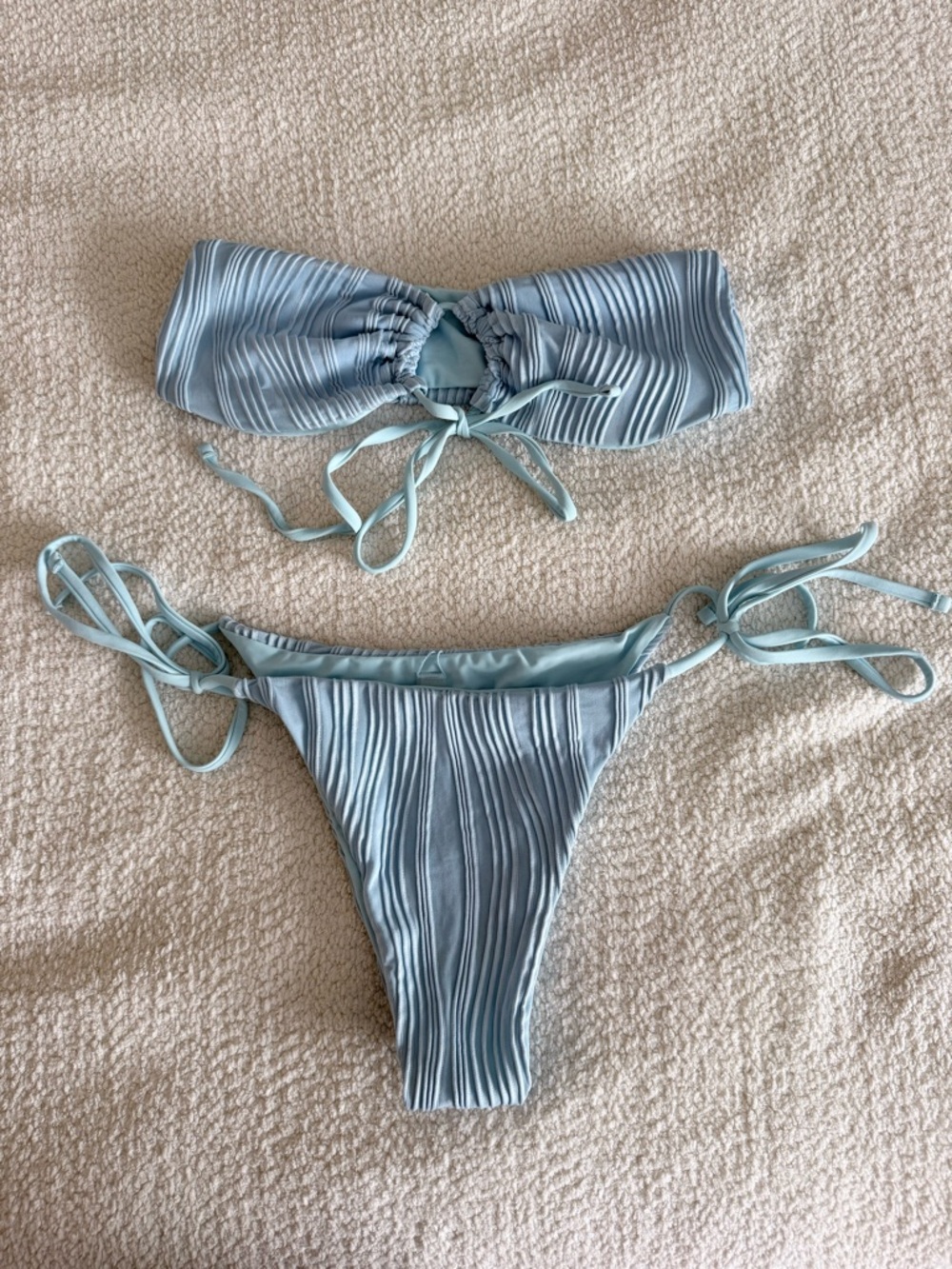 Zaful Light Blue Ribbed Bandeau Tie-Side Bikini